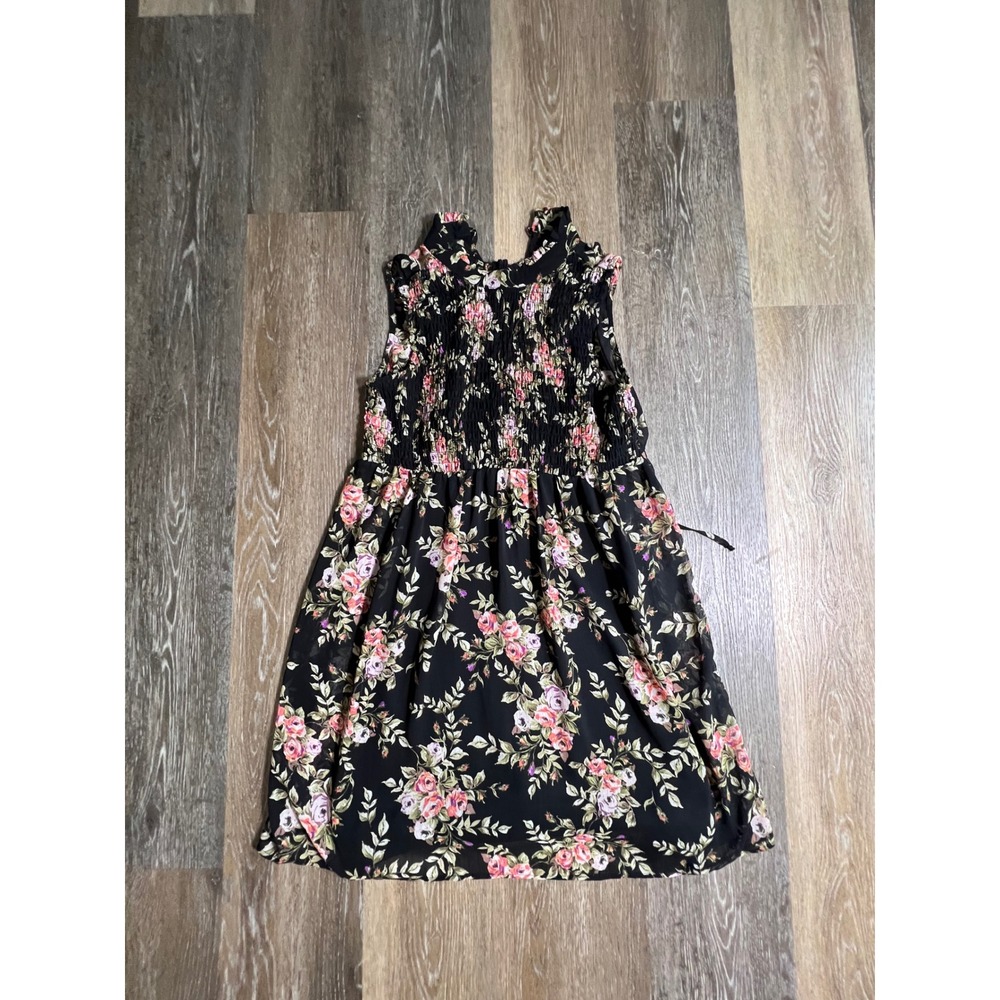 As U Wish Floral Mini Dress Women Size S Black Smocked Ruffle Neck Sleeveless‎
